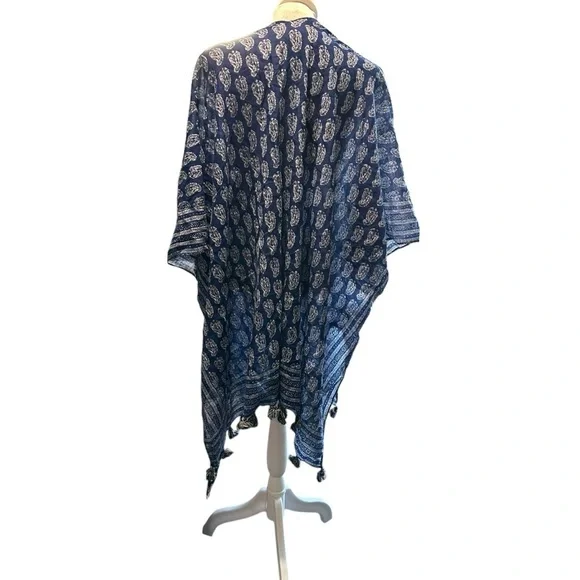 Kimono Duster In One Size Women's blue and white with tassels - Picture 4 of 4
